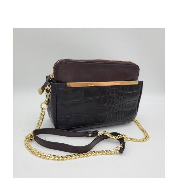 Antonio Melani Blk/Brn Croc Leather Crossbody Bag Partial Chain Strap Dust Bag